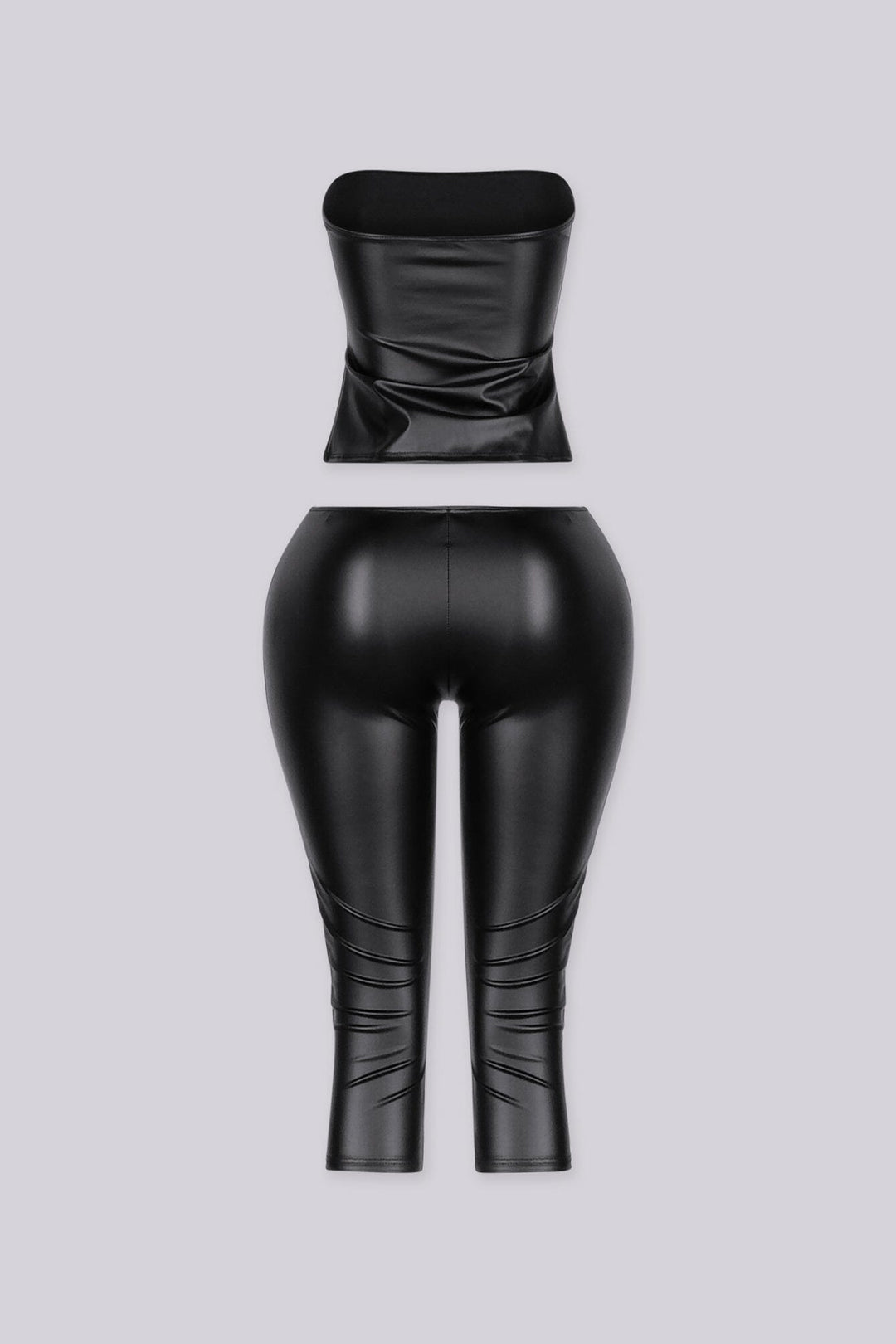 EDGEBYKS - Faux leather material fitted tube top, Matching low rise V cut waistband capri pants, back view