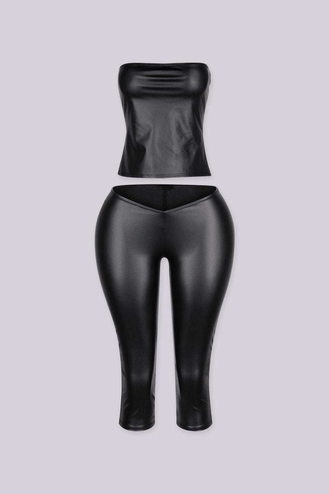 EDGEBYKS - Faux leather material fitted tube top, Matching low rise V cut waistband capri pants, front view