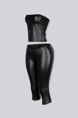 EDGEBYKS - Faux leather material fitted tube top, Matching low rise V cut waistband capri pants, side view