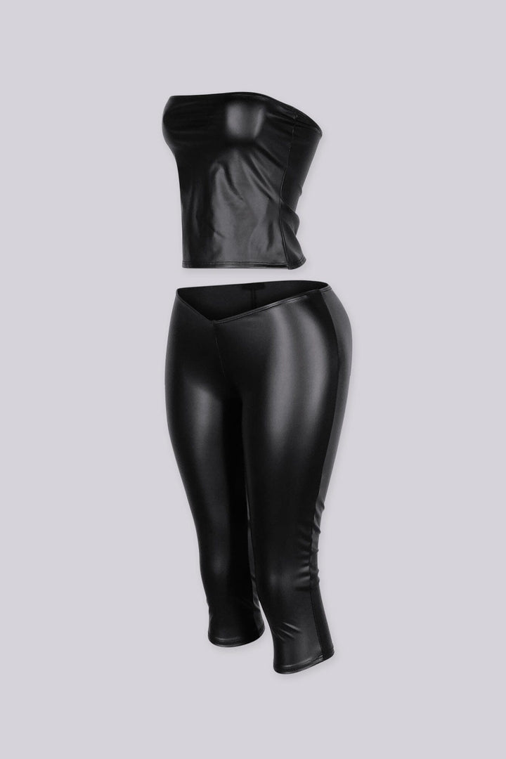EDGEBYKS - Faux leather material fitted tube top, Matching low rise V cut waistband capri pants, side view