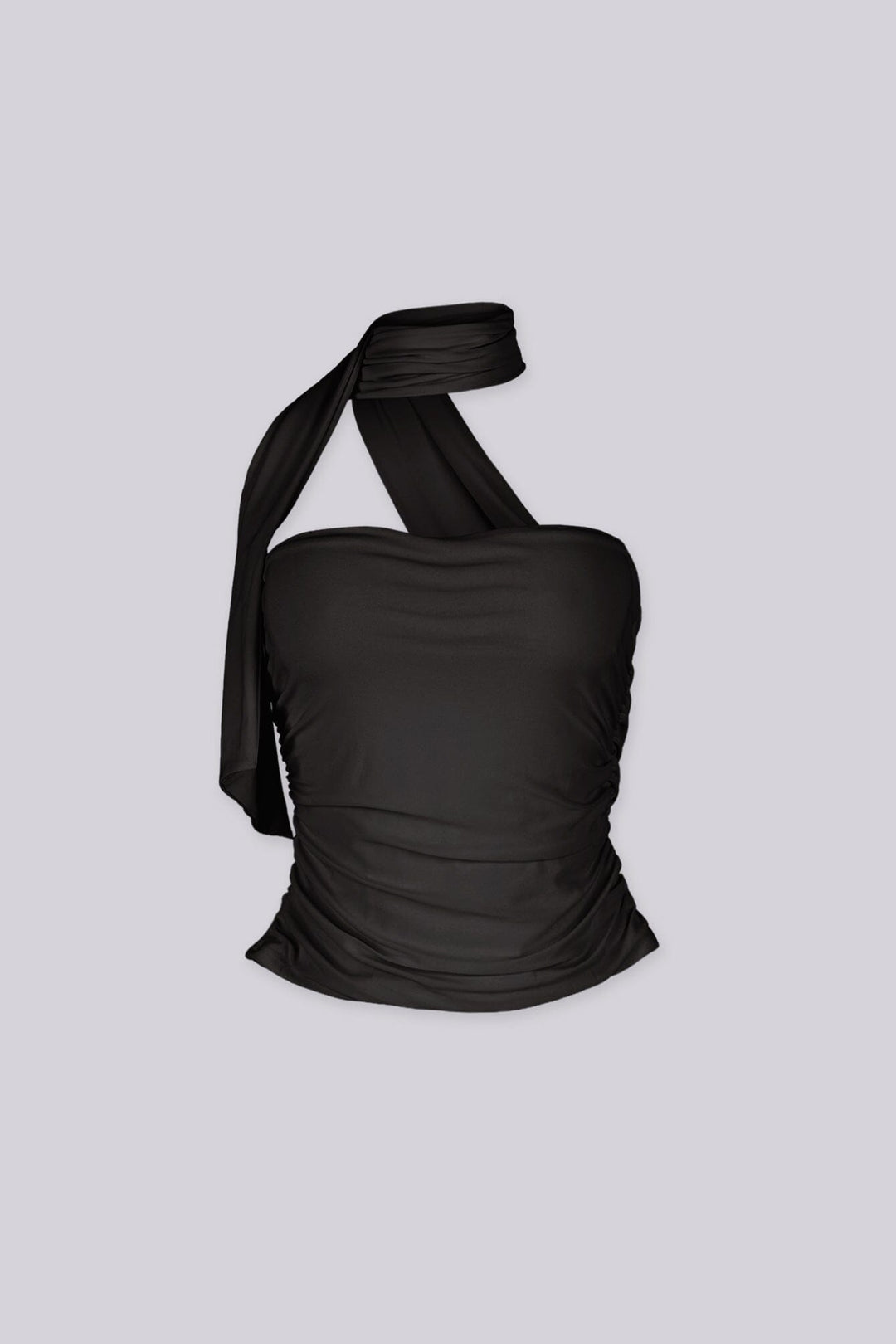 Cropped bodycon tube top with attached neck sash drape featuring side seam ruching detail