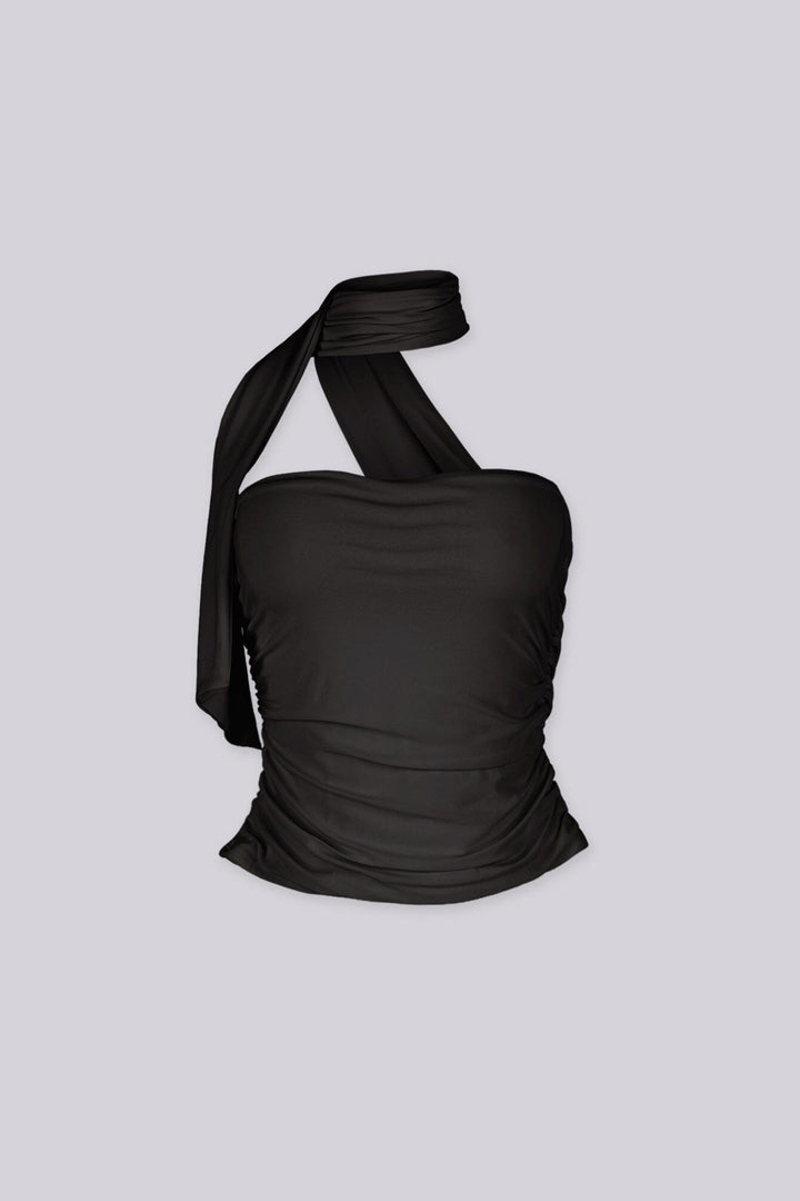 Cropped bodycon tube top with attached neck sash drape featuring side seam ruching detail
