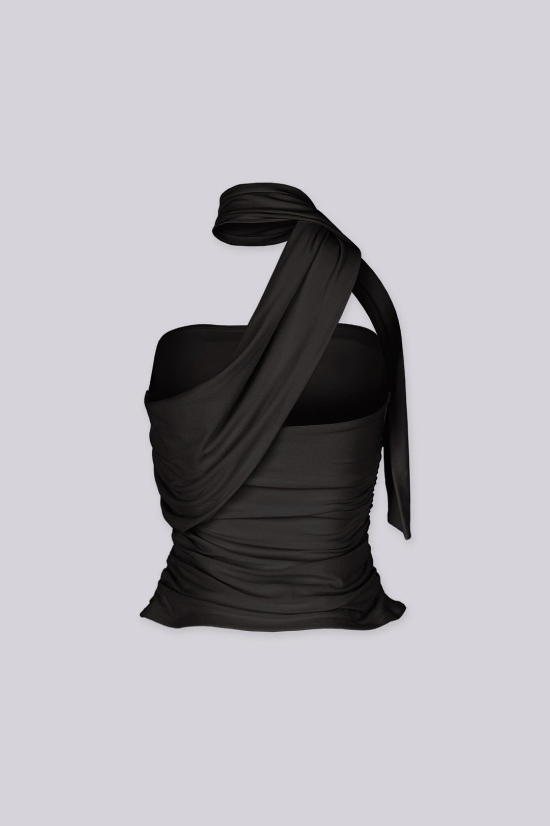 Cropped bodycon tube top with attached neck sash drape featuring side seam ruching detail