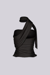 Cropped bodycon tube top with attached neck sash drape featuring side seam ruching detail