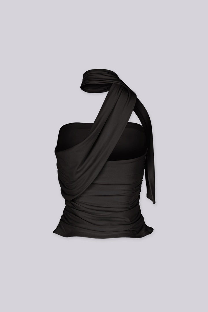Cropped bodycon tube top with attached neck sash drape featuring side seam ruching detail