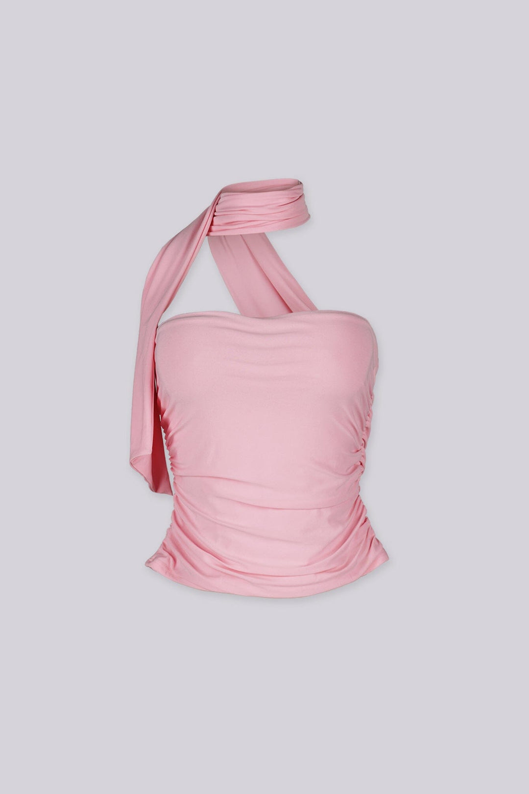 Cropped bodycon tube top with attached neck sash drape featuring side seam ruching detail