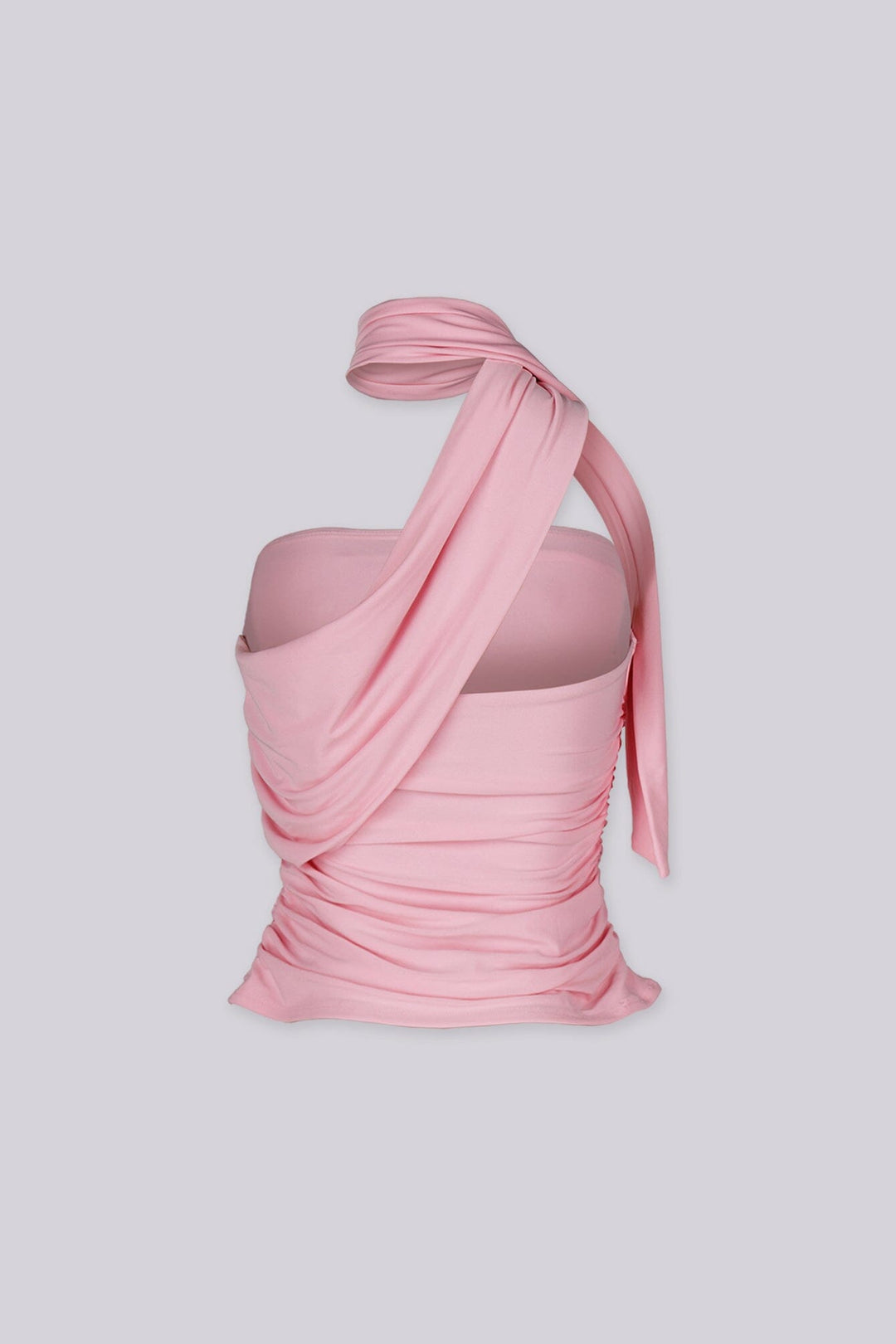 Cropped bodycon tube top with attached neck sash drape featuring side seam ruching detail