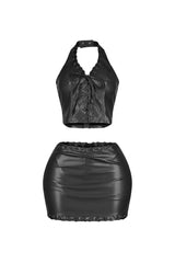 Stretched faux leather halter top featuring lace up with snap button closure
Matching high waisted faux leather mini skirt with lace up trim and back zip closure