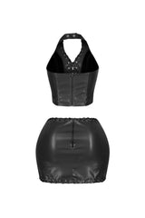 Stretched faux leather halter top featuring lace up with snap button closure
Matching high waisted faux leather mini skirt with lace up trim and back zip closure