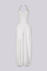 Ribbed knit halter neckline jumpsuit with voluminous balloon leg silhouette
Open back with lace-up closure