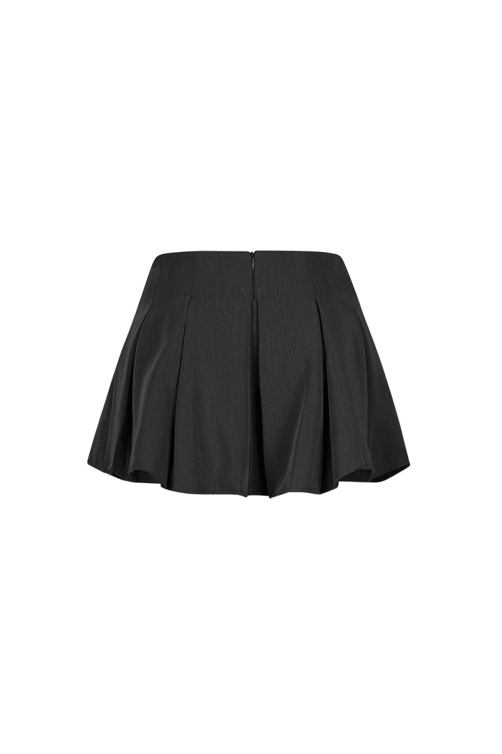 EDGE — black belted pleated mini skirt with silver buckle detail, back view flat lay