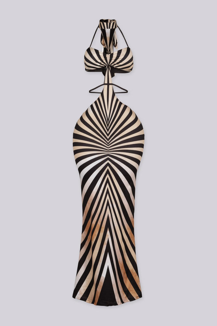 Black combo optical illusion cutout halter maxi dress