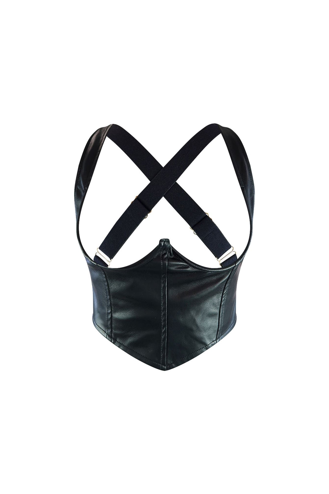 EDGE — black faux leather corset with crisscross suspender straps, front view flat lay