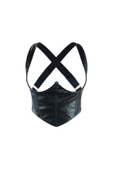 EDGE — black faux leather corset with crisscross suspender straps, front view flat lay