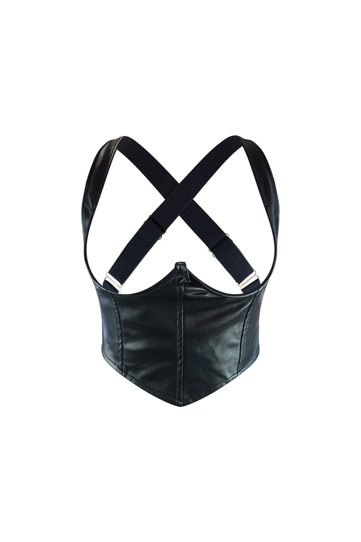 EDGE — black faux leather corset with crisscross suspender straps, front view flat lay