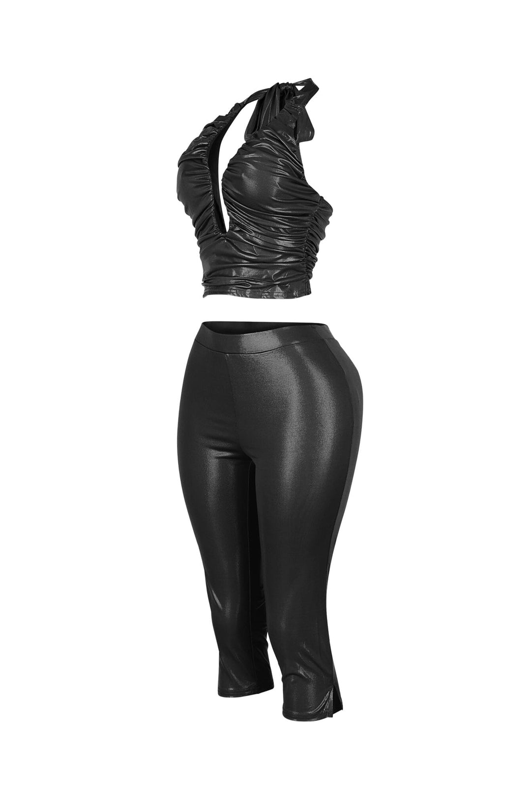EDGE — black faux leather U cut halter and capri set, side view flat lay