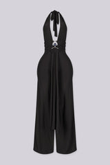 EDGE — black ring halter jumpsuit, front view flat lay