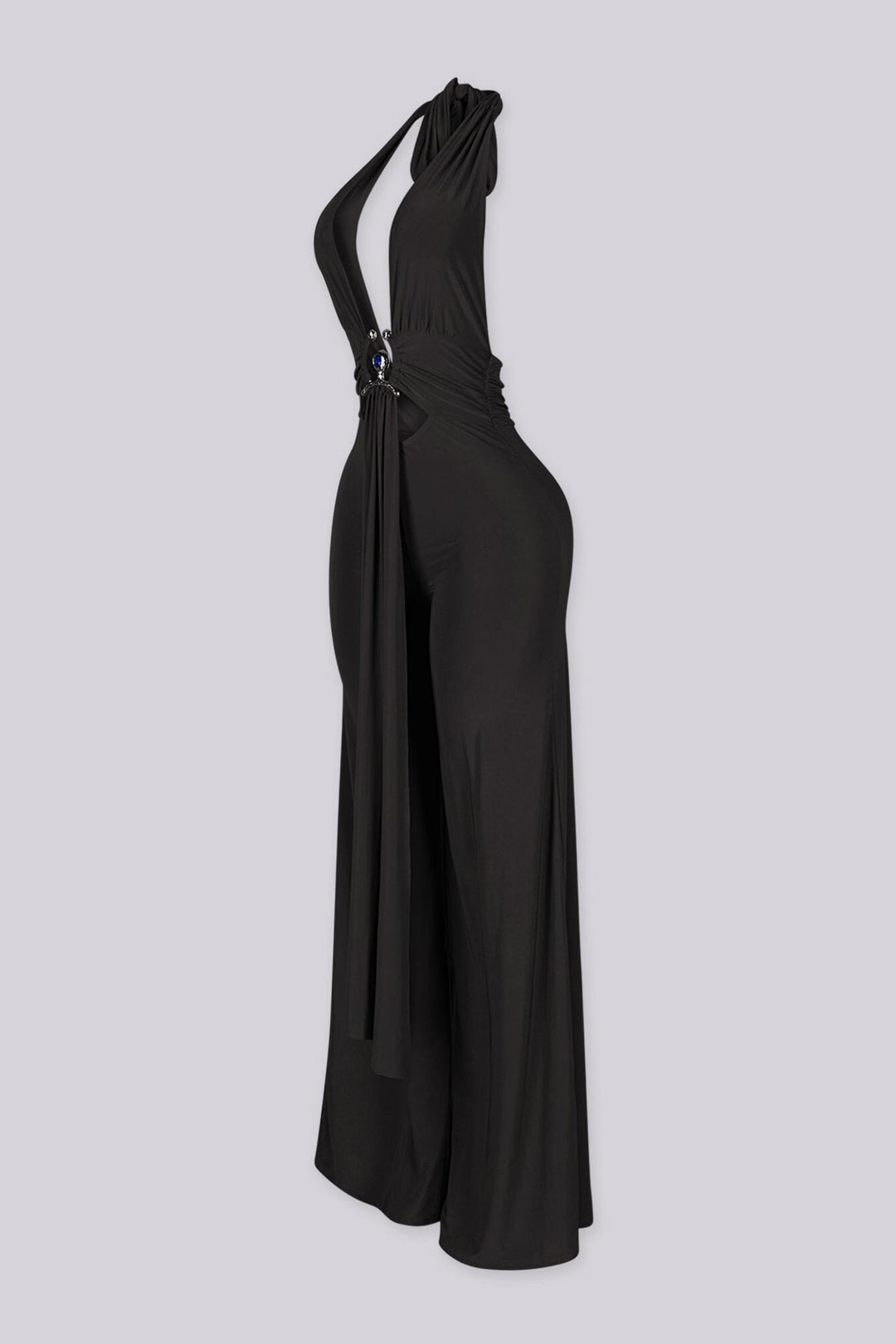 EDGE — black ring halter jumpsuit, side view flat lay