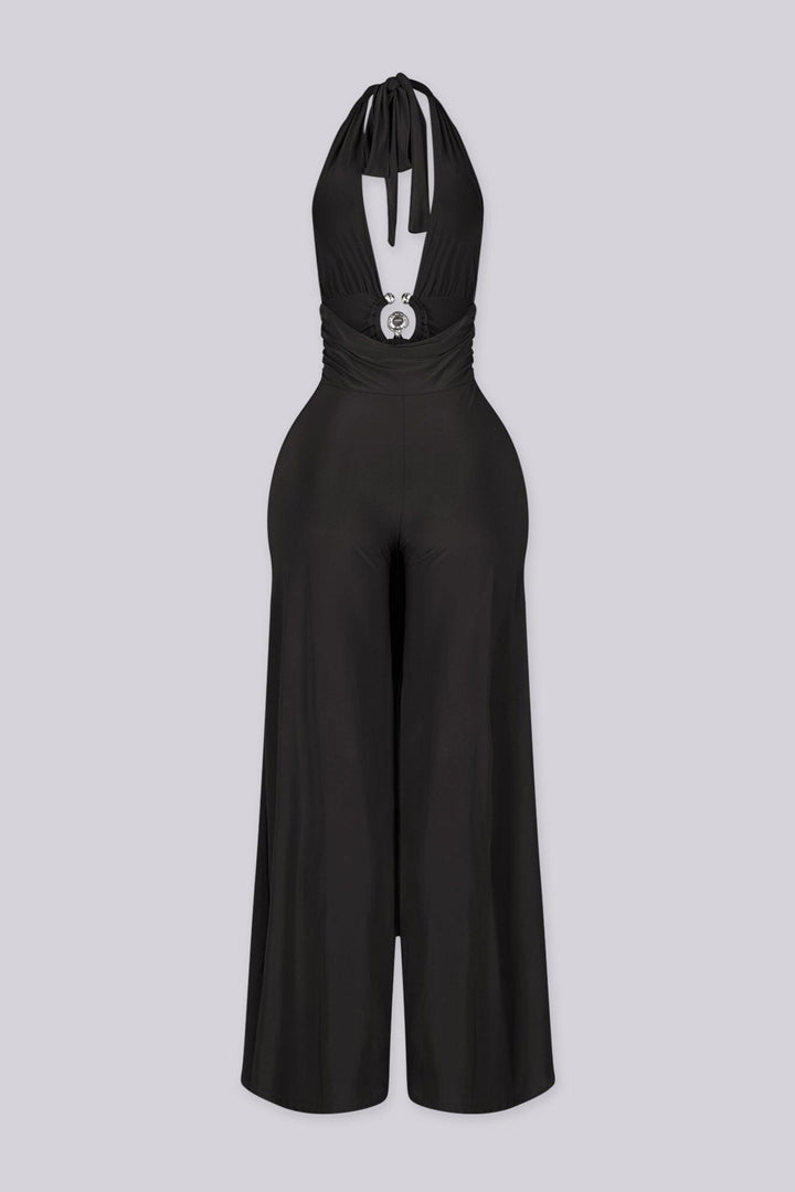 EDGE — black ring halter jumpsuit, back view flat lay