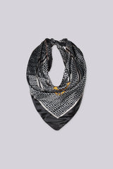 EDGE — black and white greek-key print border trim scarf, ring-tied flat lay