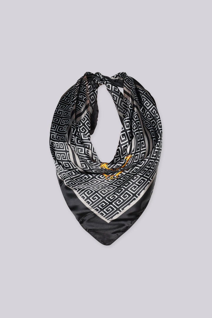 EDGE — black and white greek-key print border trim scarf, ring-tied flat lay