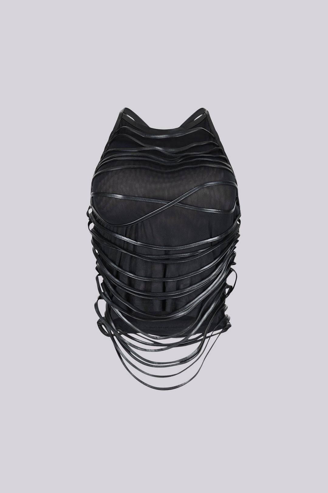 EDGE — black mesh faux leather wrap top, front view on model
