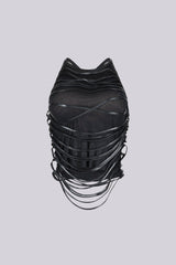 EDGE — black mesh faux leather wrap top, front view on model