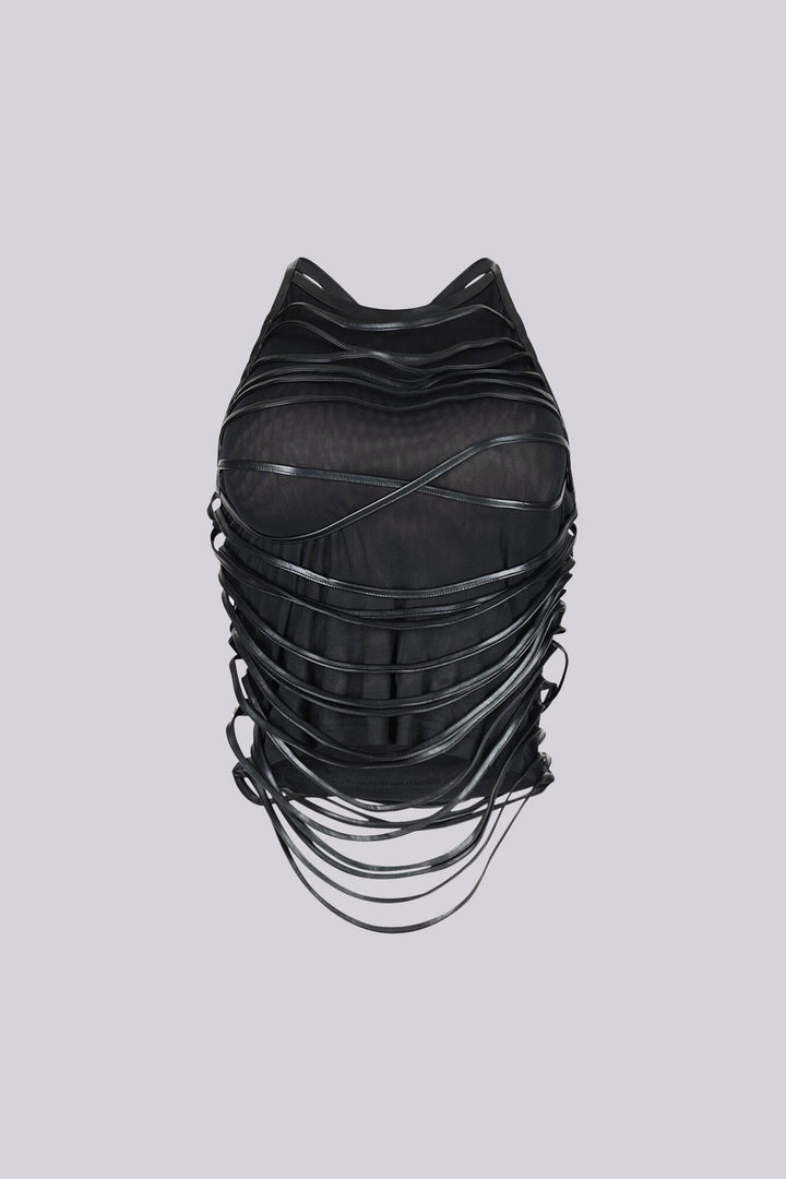EDGE — black mesh faux leather wrap top, front view on model