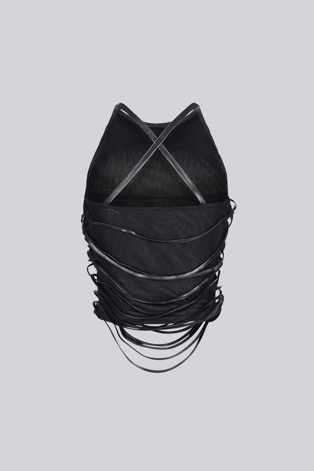 EDGE — black mesh faux leather wrap top, side view on model