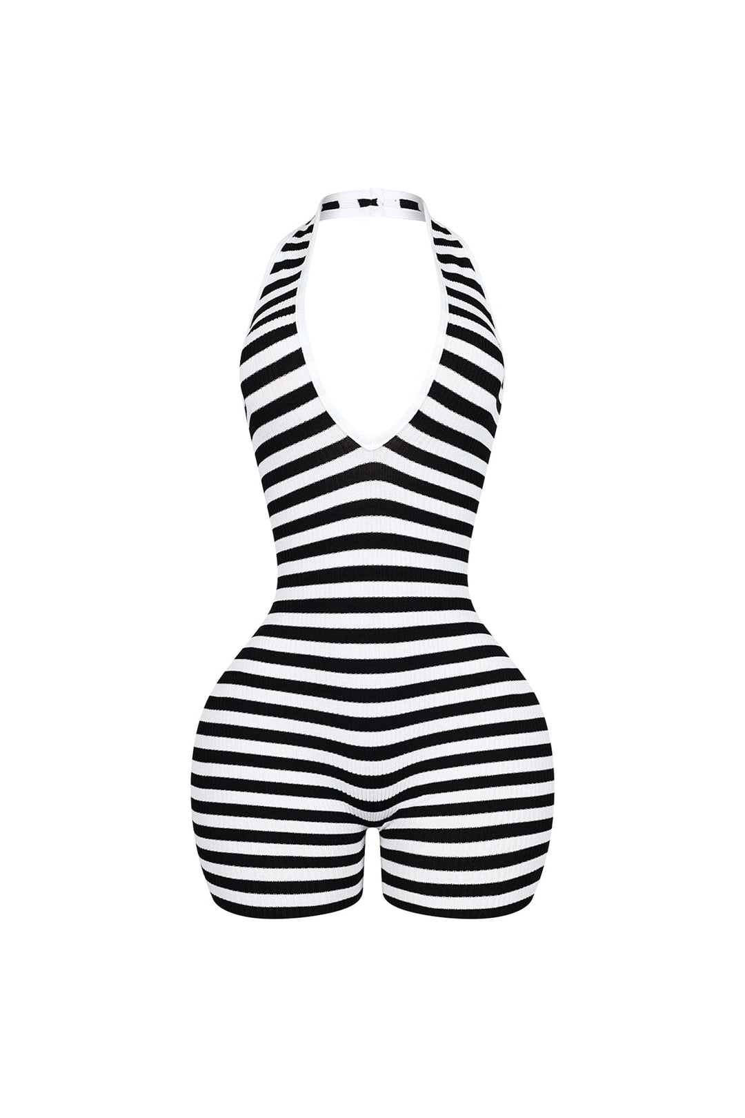 EDGE — black and white striped halter romper, front view flat lay