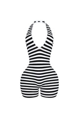 EDGE — black and white striped halter romper, front view flat lay