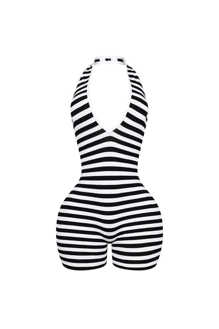 EDGE — black and white striped halter romper, front view flat lay