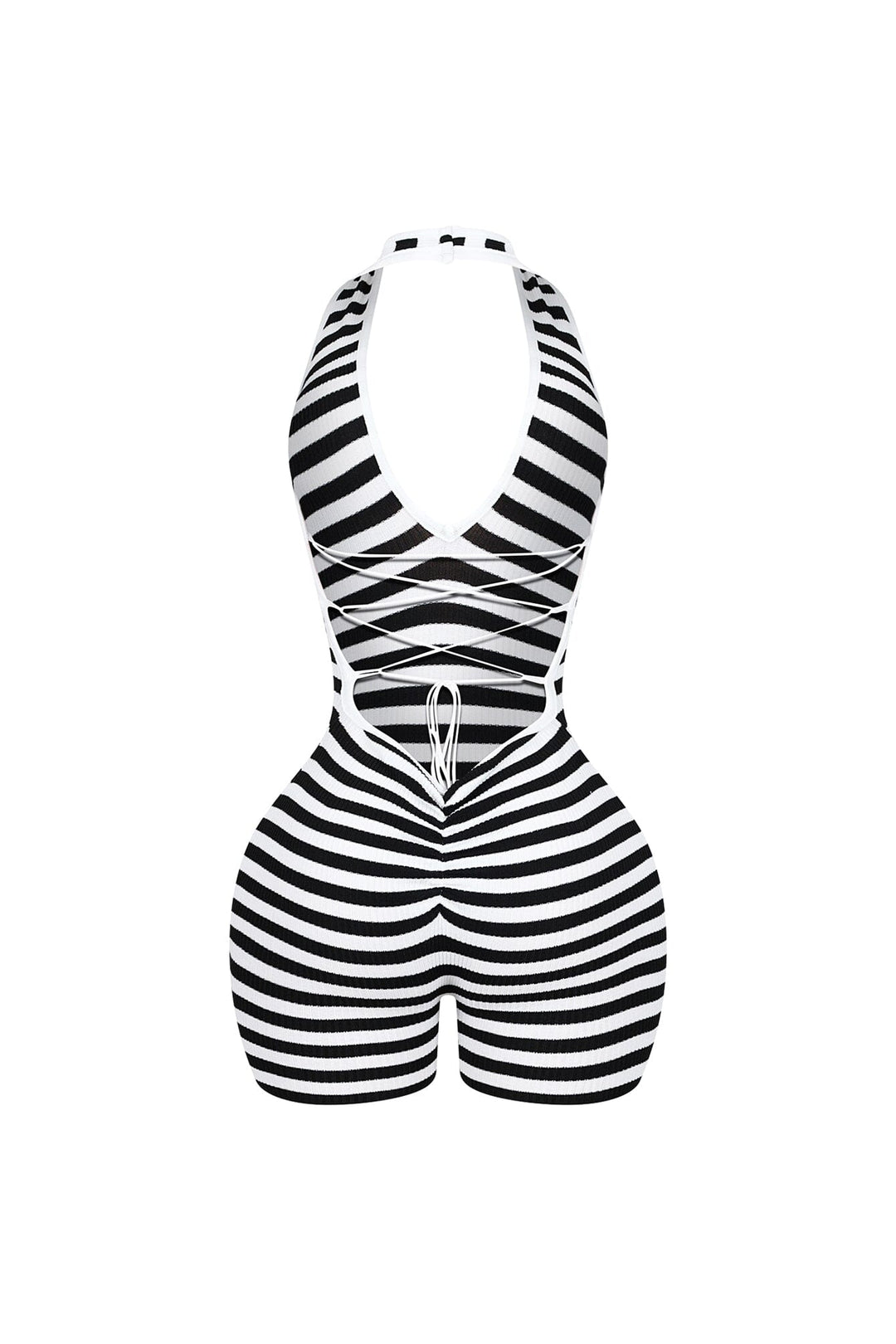 EDGE — black and white striped halter romper, back view flat lay