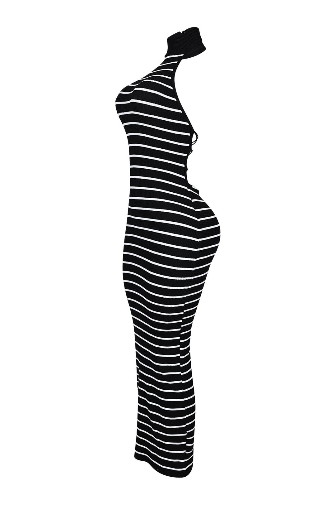EDGE — black and white striped mock neck maxi dress, side view flat lay