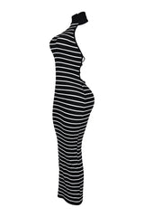 EDGE — black and white striped mock neck maxi dress, side view flat lay