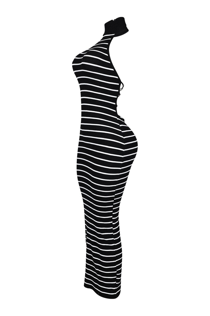 EDGE — black and white striped mock neck maxi dress, side view flat lay