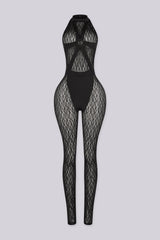 Harness design with O ring hardware detail in the center, Finished with long and straight leg lace pants