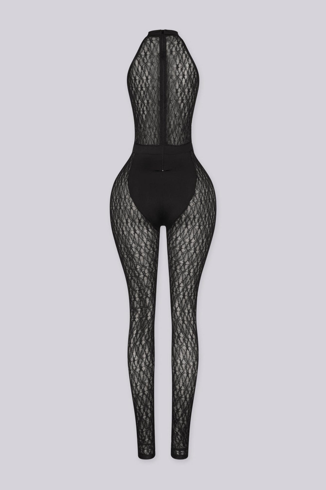 Harness design with O ring hardware detail in the center, Finished with long and straight leg lace pants