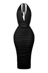 EDGE — black cowl neck halter maxi dress, front view flat lay