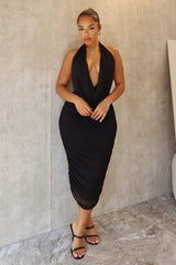 EDGE — black cowl neck halter maxi dress, front view on model