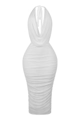 EDGE — white cowl neck halter maxi dress, front view flat lay