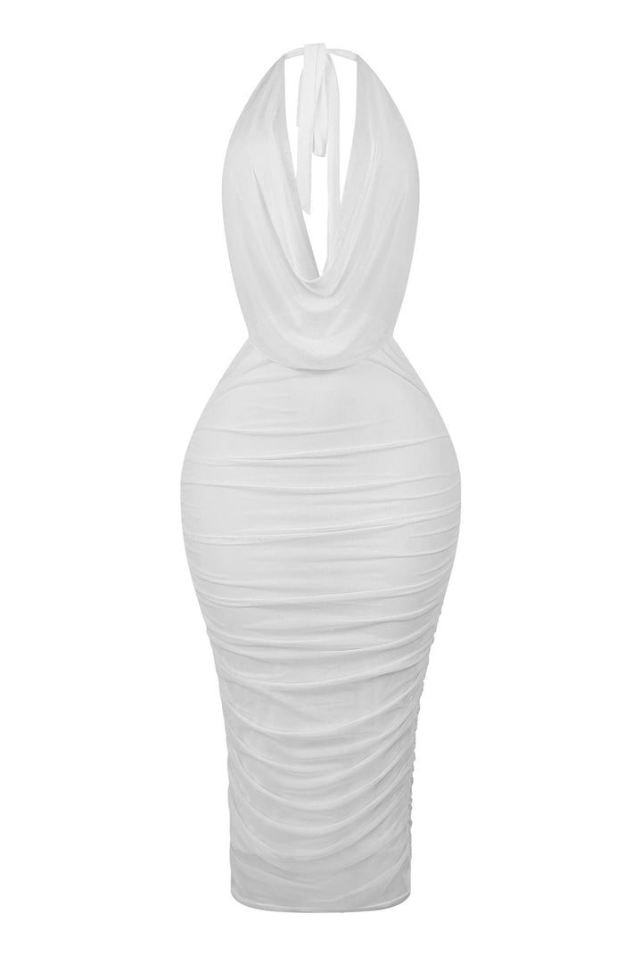 EDGE — white cowl neck halter maxi dress, front view flat lay