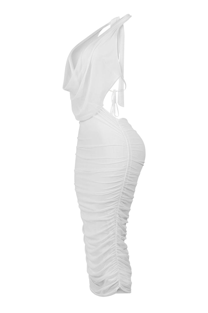 EDGE — white cowl neck halter maxi dress, side view flat lay