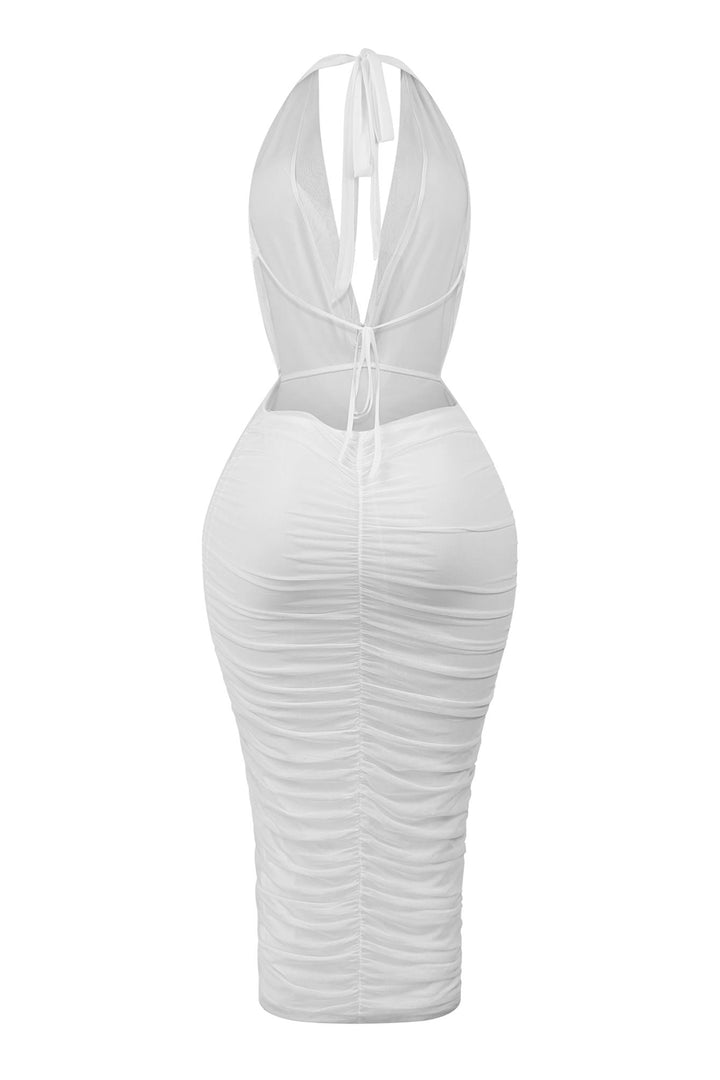 EDGE — white cowl neck halter maxi dress, back view flat lay