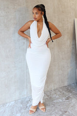 EDGE — white cowl neck halter maxi dress, front view on model