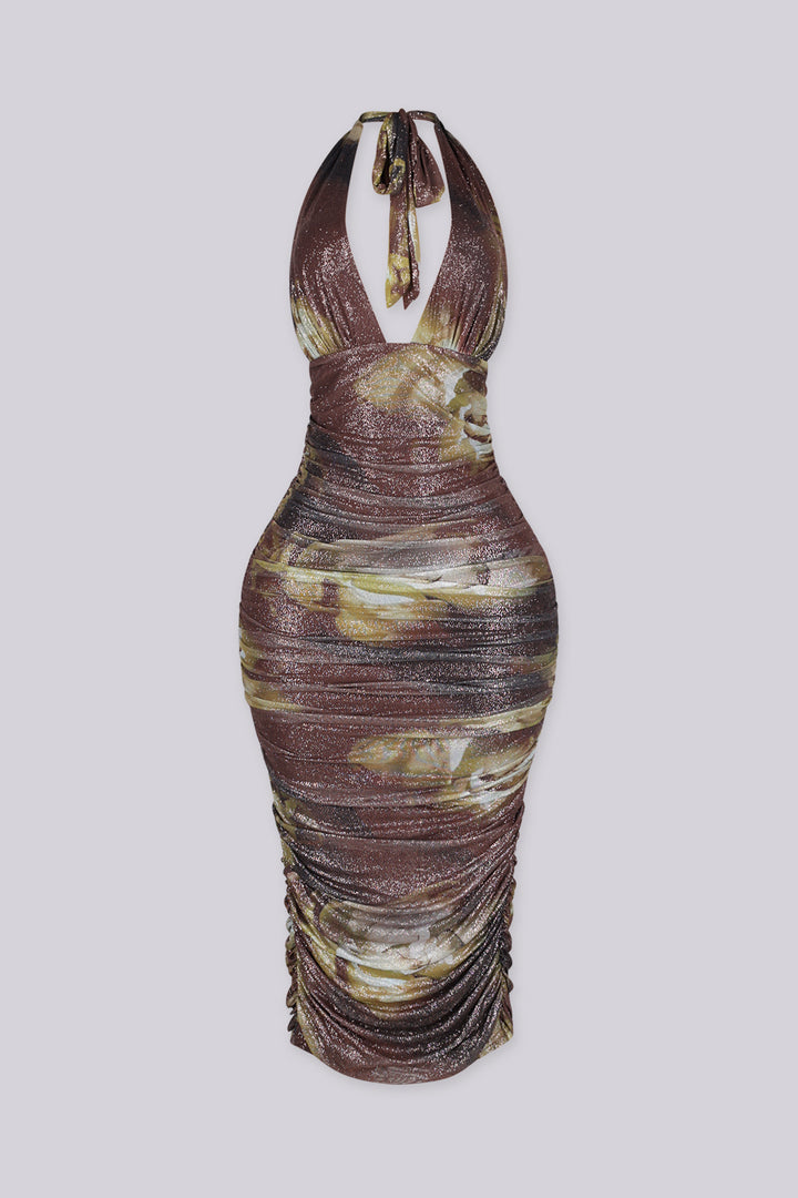 Fitted bodycon halter neckline midi dress with plunging deep V front featuring metallic glitter finish