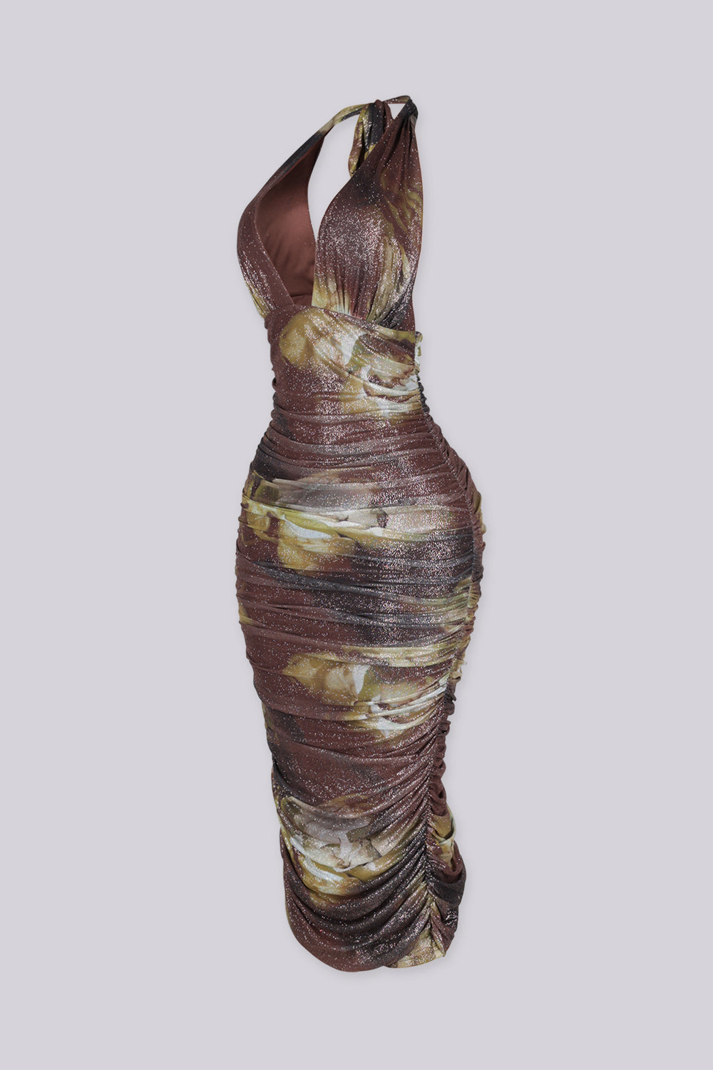 Fitted bodycon halter neckline midi dress with plunging deep V front featuring metallic glitter finish