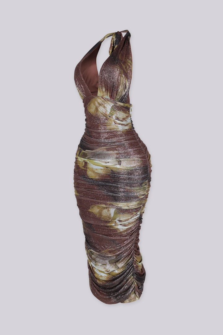 Fitted bodycon halter neckline midi dress with plunging deep V front featuring metallic glitter finish