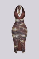 Fitted bodycon halter neckline midi dress with plunging deep V front featuring metallic glitter finish