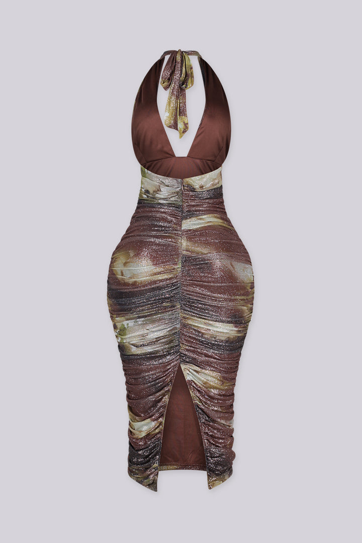 Fitted bodycon halter neckline midi dress with plunging deep V front featuring metallic glitter finish